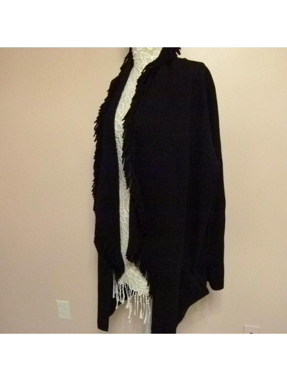 Andrea Jovine Black 100% Wool Fringe Open Cardigan Sweater M Oversized